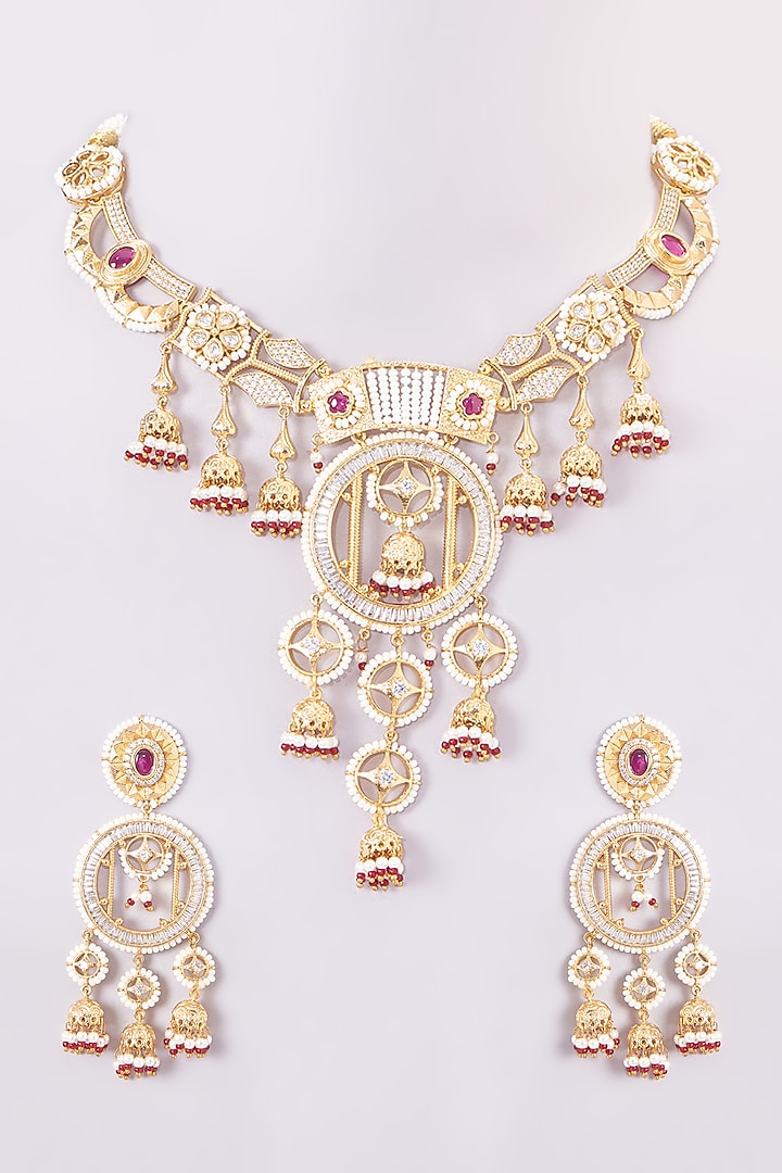 Gold Finish Kundan Polki & Red Beaded Necklace Set by VASTRAA Jewellery at Pernia's Pop Up Shop