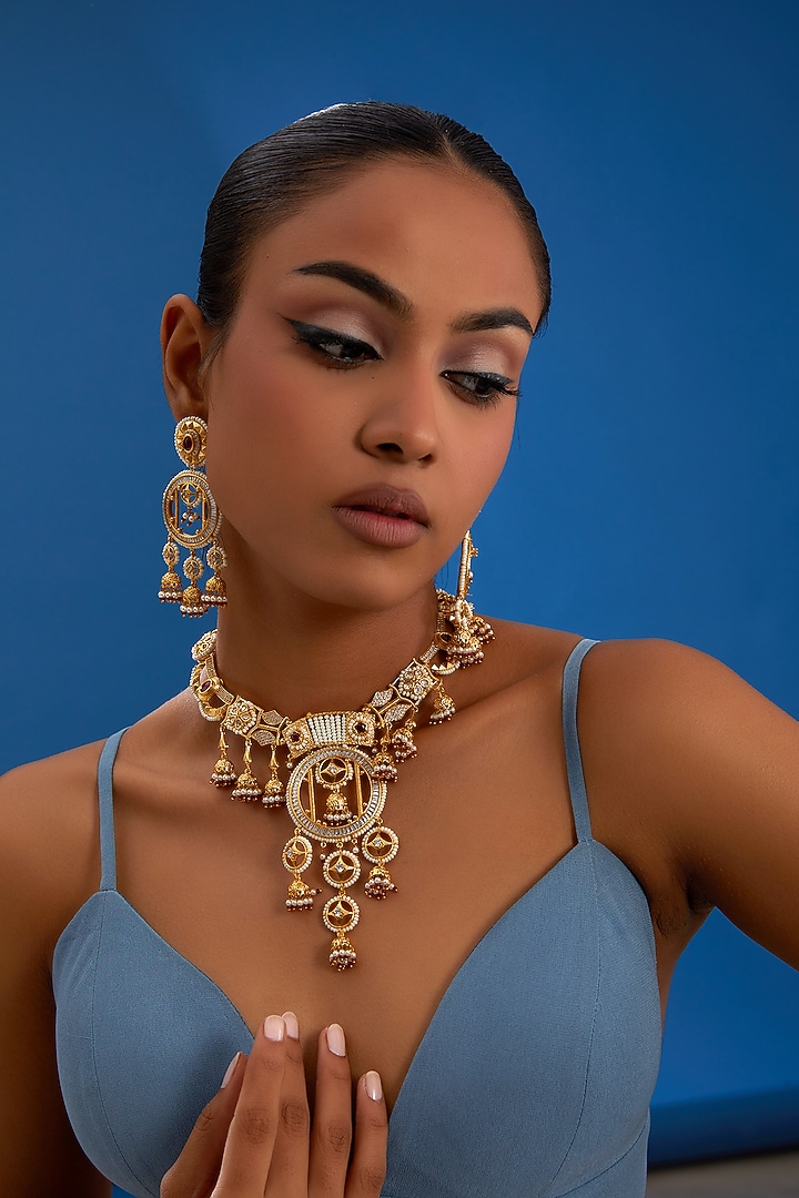 Gold Finish Kundan Polki & Red Beaded Necklace Set by VASTRAA Jewellery at Pernia's Pop Up Shop