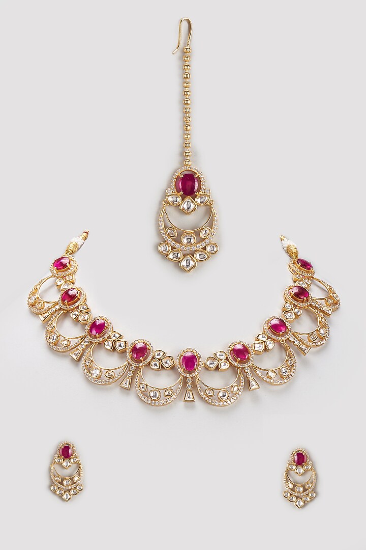 Gold Finish Kundan Polki & Red Stone Necklace Set by VASTRAA Jewellery at Pernia's Pop Up Shop