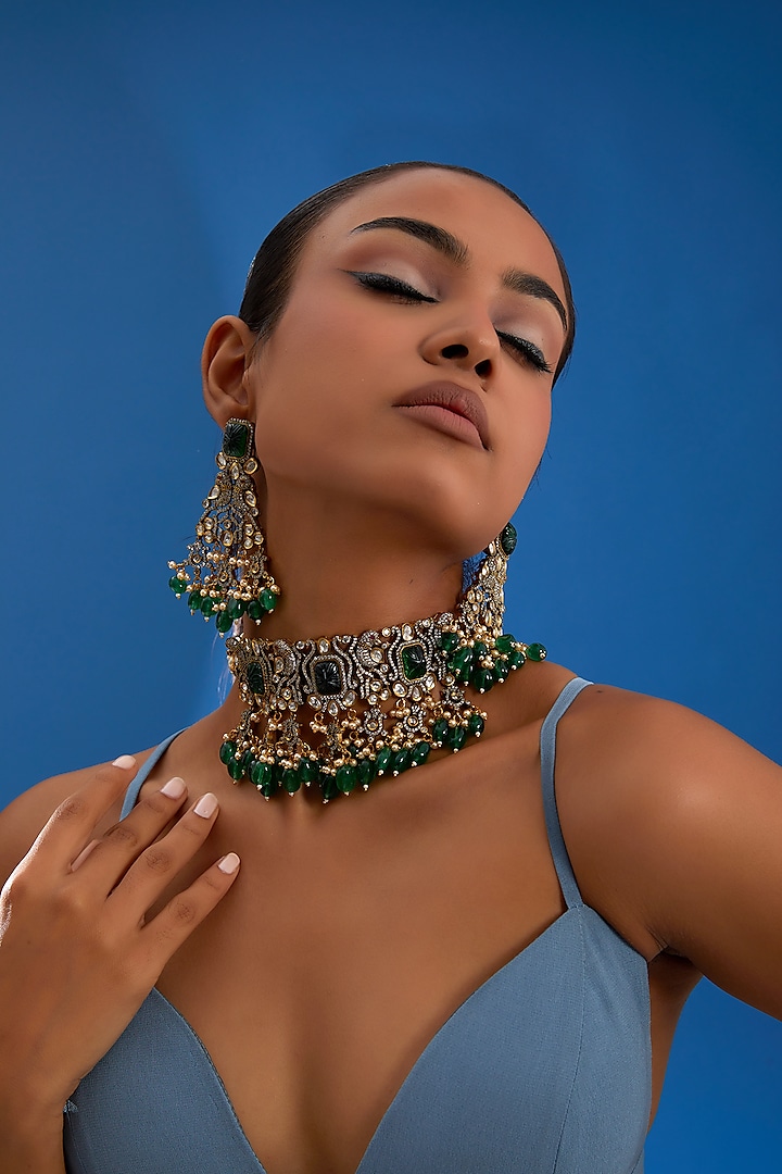 Two-Tone Finish Kundan Polki & Green Stone Choker Necklace Set by VASTRAA Jewellery
