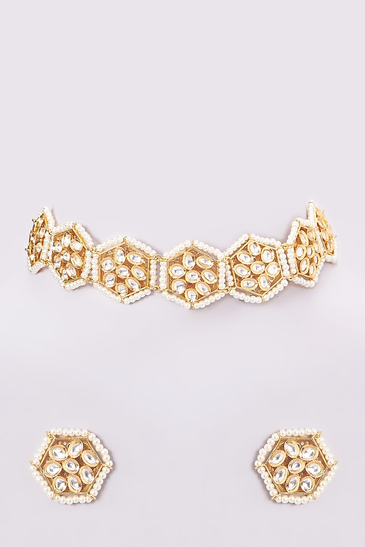 Gold Finish Kundan Polki & Pearl Choker Necklace Set by VASTRAA Jewellery at Pernia's Pop Up Shop
