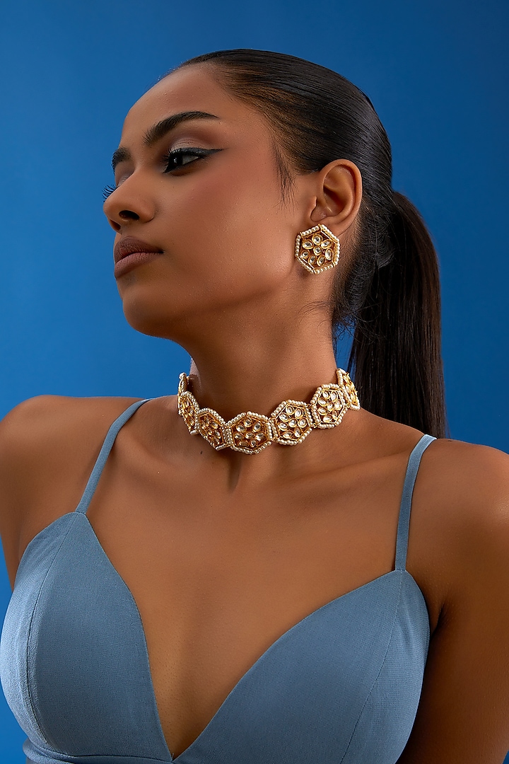 Gold Finish Kundan Polki & Pearl Choker Necklace Set by VASTRAA Jewellery at Pernia's Pop Up Shop