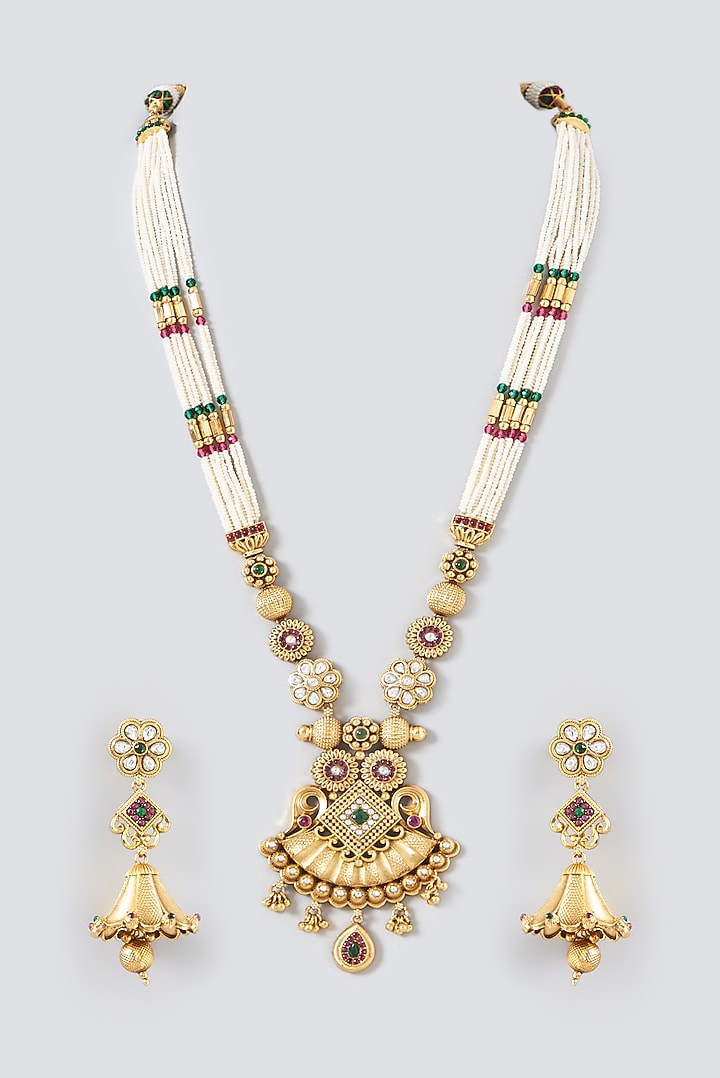Gold Finish Kundan Polki & Beaded Long Necklace Set by VASTRAA Jewellery at Pernia's Pop Up Shop