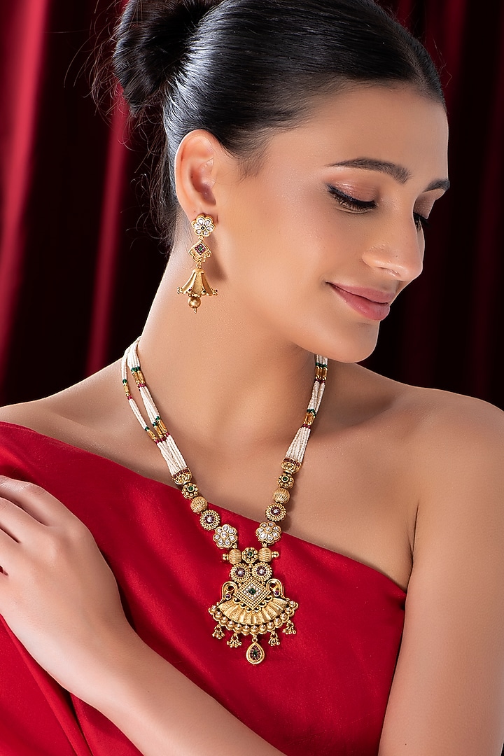 Gold Finish Kundan Polki & Beaded Long Necklace Set by VASTRAA Jewellery at Pernia's Pop Up Shop