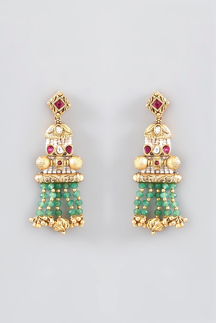 Gold Finish Kundan Polki & Green Beaded Long Necklace Set by VASTRAA Jewellery at Pernia's Pop Up Shop