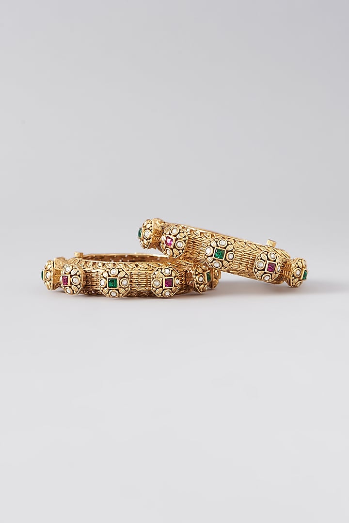 Gold Finish Kundan Polki & Multi-Colored Stone Bangles (Set Of 2) by VASTRAA Jewellery