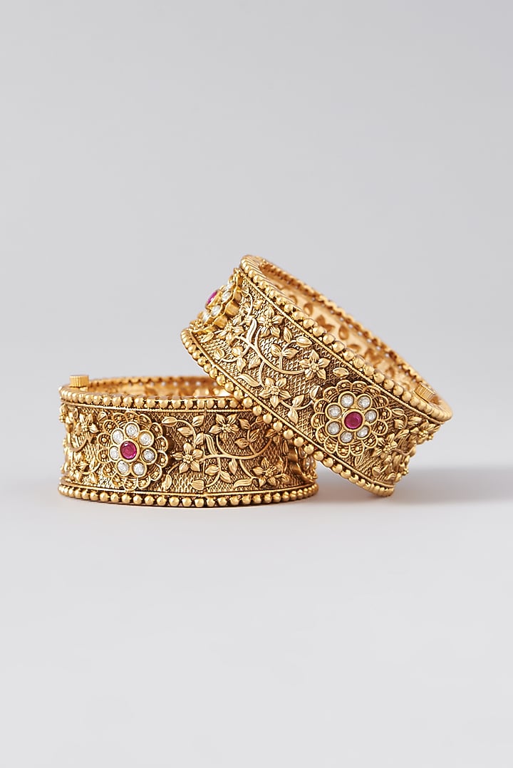 Gold Finish Kundan Polki Bangles (Set Of 2) by VASTRAA Jewellery at Pernia's Pop Up Shop