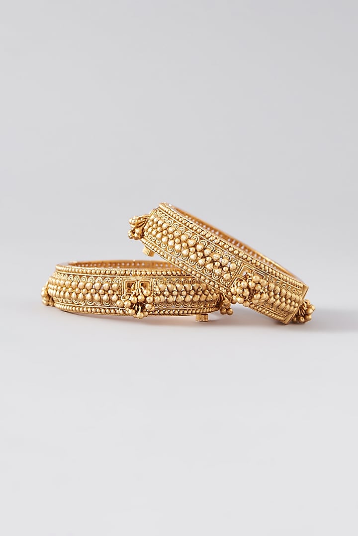 Gold Finish Kundan Polki Temple Bangles (Set Of 2) by VASTRAA Jewellery