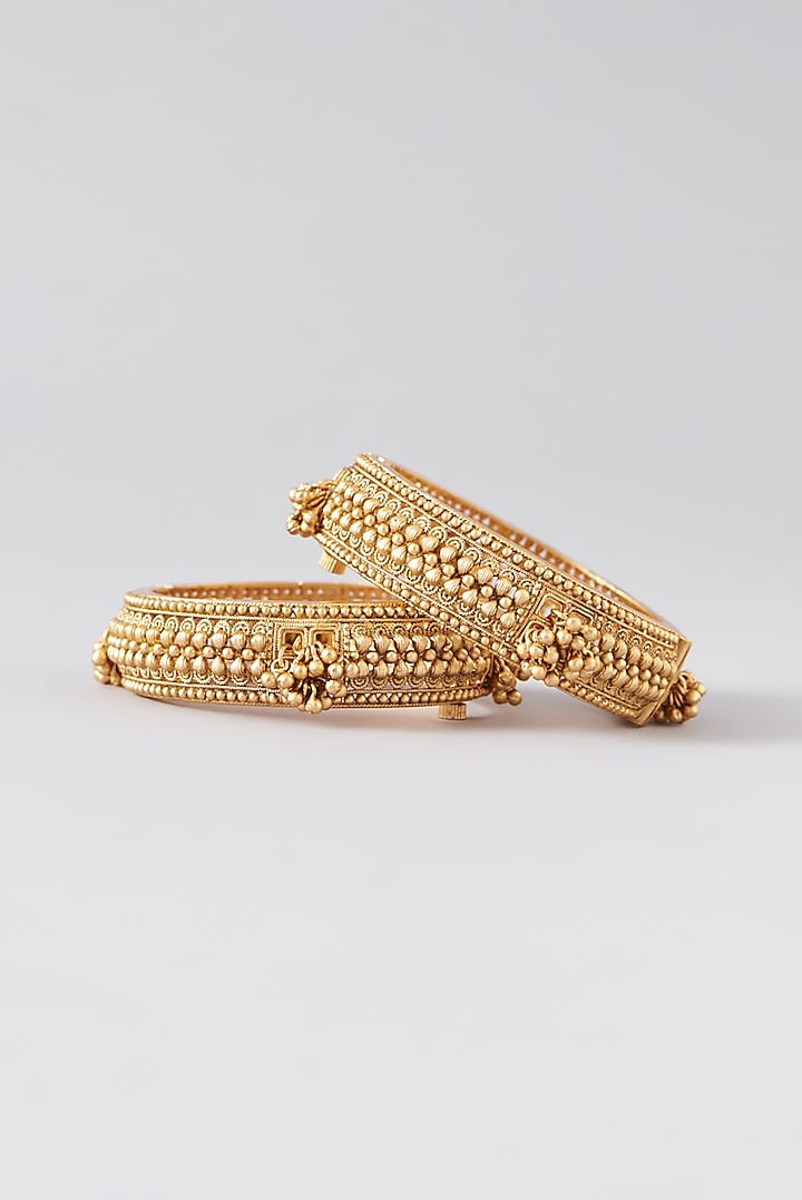 Gold Finish Kundan Polki Temple Bangles (Set Of 2) by VASTRAA Jewellery at Pernia's Pop Up Shop