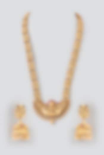 Gold Finish Kundan Polki & Ruby Synthetic Stone Long Temple Necklace Set by VASTRAA Jewellery at Pernia's Pop Up Shop