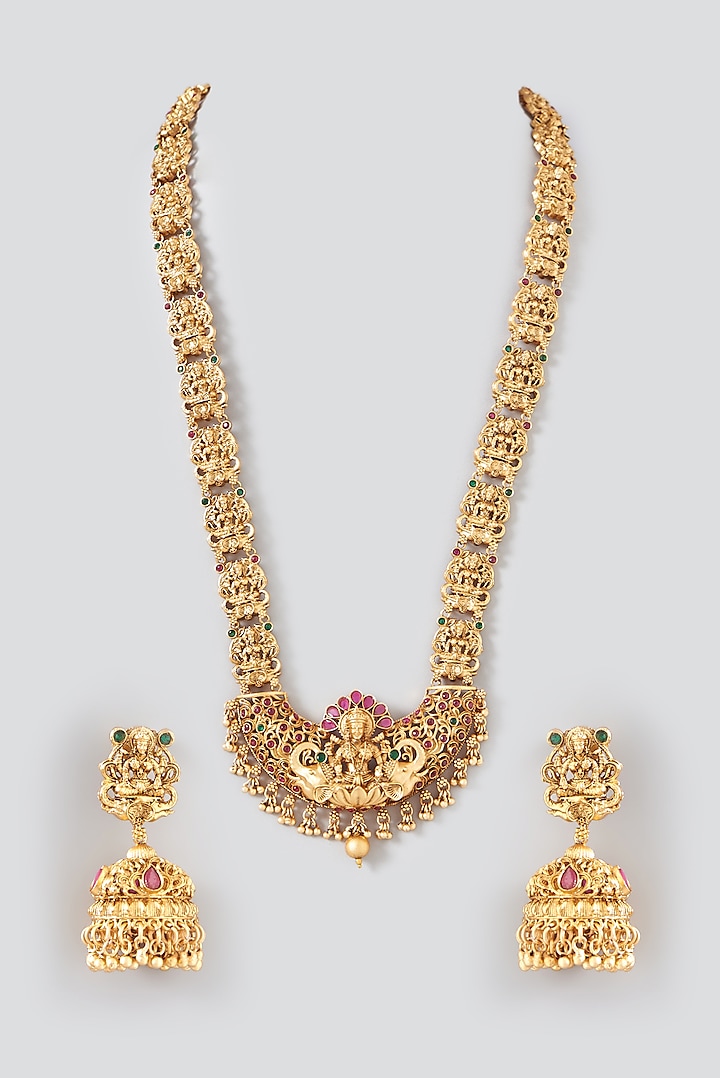 Gold Finish Kundan Polki & Ruby Synthetic Stone Long Temple Necklace Set by VASTRAA Jewellery at Pernia's Pop Up Shop
