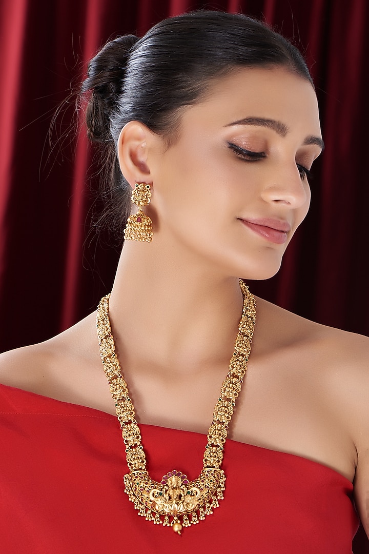 Gold Finish Kundan Polki & Ruby Synthetic Stone Long Temple Necklace Set by VASTRAA Jewellery at Pernia's Pop Up Shop