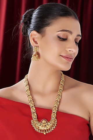 Gold Finish Kundan Polki & Ruby Synthetic Stone Long Temple Necklace Set by VASTRAA Jewellery