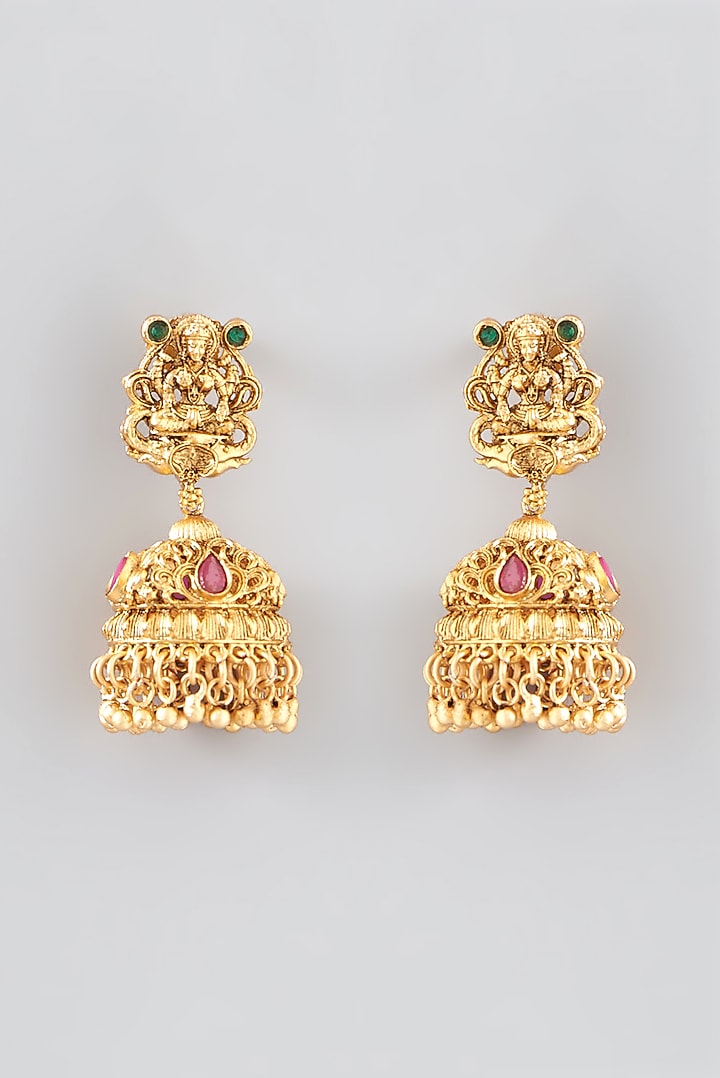 Gold Finish Kundan Polki & Ruby Synthetic Stone Long Temple Necklace Set by VASTRAA Jewellery at Pernia's Pop Up Shop
