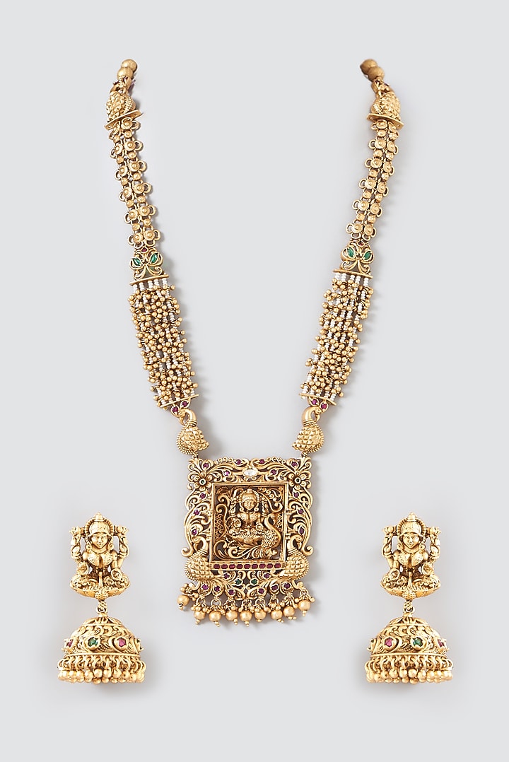 Gold Finish Pearl & Beaded Long Temple Necklace Set by VASTRAA Jewellery at Pernia's Pop Up Shop