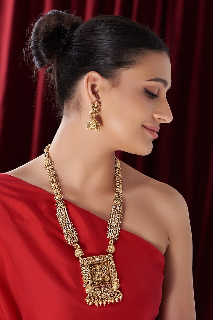 Gold Finish Pearl & Beaded Long Temple Necklace Set by VASTRAA Jewellery at Pernia's Pop Up Shop