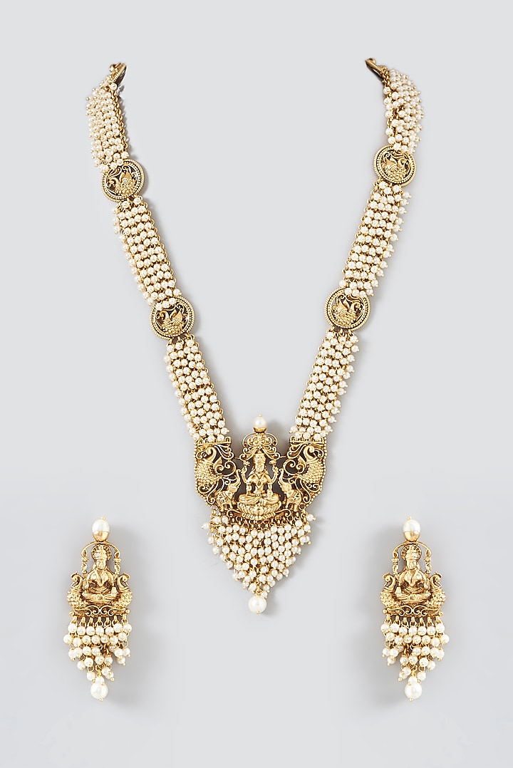 Gold Finish Temple Long Necklace Set by VASTRAA Jewellery at Pernia's Pop Up Shop