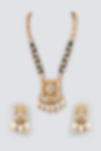 Gold Finish Pearl & Beaded Long Temple Necklace Set by VASTRAA Jewellery at Pernia's Pop Up Shop