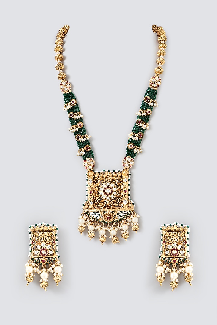 Gold Finish Pearl & Beaded Long Temple Necklace Set by VASTRAA Jewellery at Pernia's Pop Up Shop