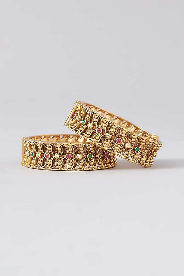 Gold Finish Kundan Polki Temple Bangles (Set Of 2) by VASTRAA Jewellery