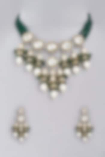 Gold Finish Green Beaded & Kundan Polki Choker Necklace Set by VASTRAA Jewellery at Pernia's Pop Up Shop