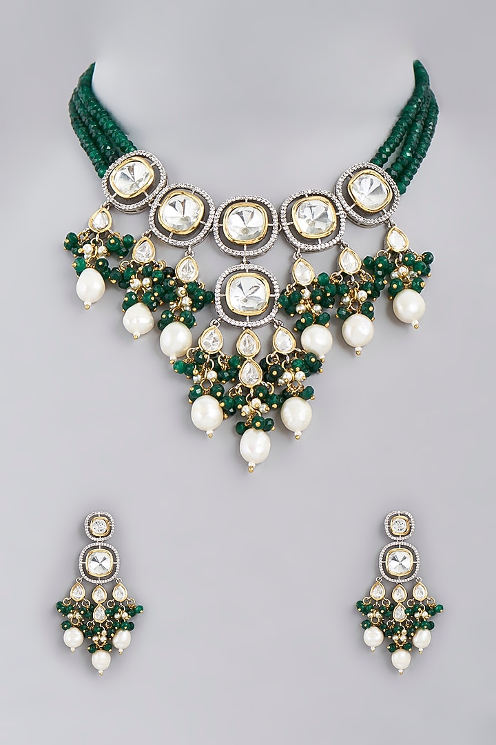 Gold Finish Green Beaded & Kundan Polki Choker Necklace Set by VASTRAA Jewellery at Pernia's Pop Up Shop