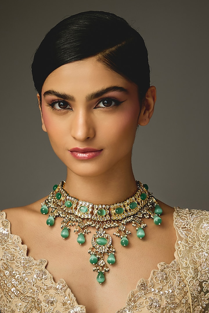 Gold Finish Turquoise Stone Necklace by VASTRAA Jewellery at Pernia's Pop Up Shop