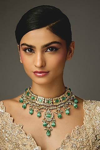 Gold Finish Turquoise Stone Necklace by VASTRAA Jewellery