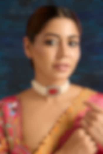 Gold Finish Kundan Polki & Ruby Choker Necklace Set by VASTRAA Jewellery at Pernia's Pop Up Shop