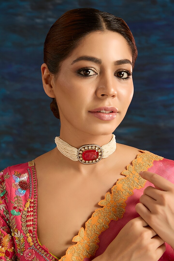 Gold Finish Kundan Polki & Ruby Choker Necklace Set by VASTRAA Jewellery at Pernia's Pop Up Shop
