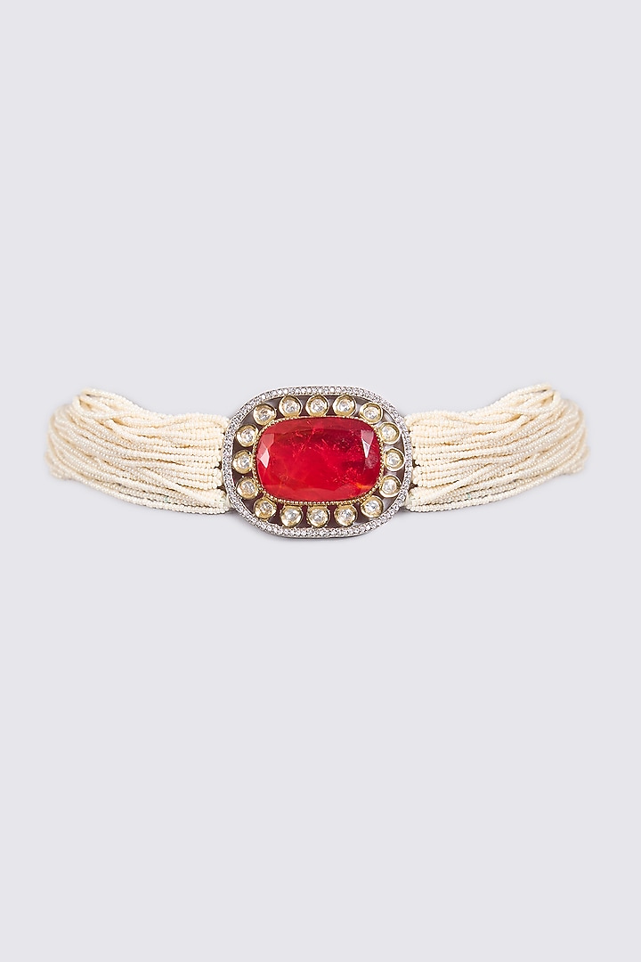 Gold Finish Kundan Polki & Ruby Choker Necklace Set by VASTRAA Jewellery at Pernia's Pop Up Shop