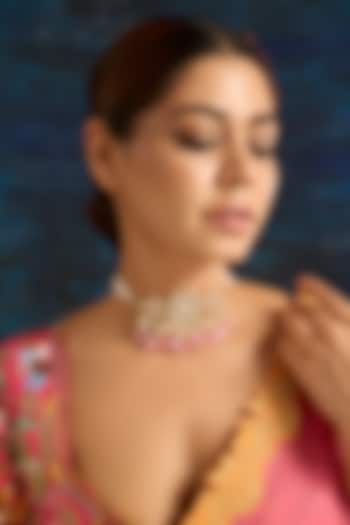 Gold Finish Kundan Polki & Pink Beaded Choker Necklace by VASTRAA Jewellery at Pernia's Pop Up Shop