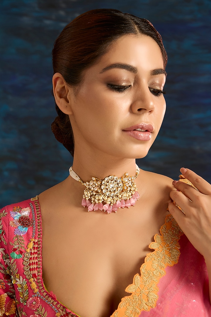 Gold Finish Kundan Polki & Pink Beaded Choker Necklace by VASTRAA Jewellery at Pernia's Pop Up Shop