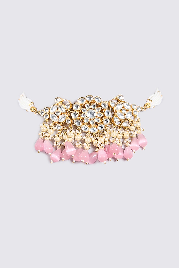 Gold Finish Kundan Polki & Pink Beaded Choker Necklace by VASTRAA Jewellery at Pernia's Pop Up Shop