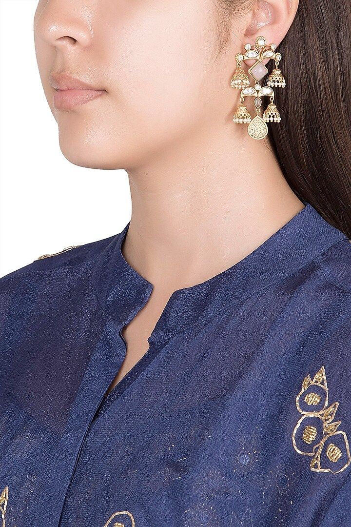 Gold Finish Faux Pearls & Kundan Polki Earrings by VASTRAA Jewellery