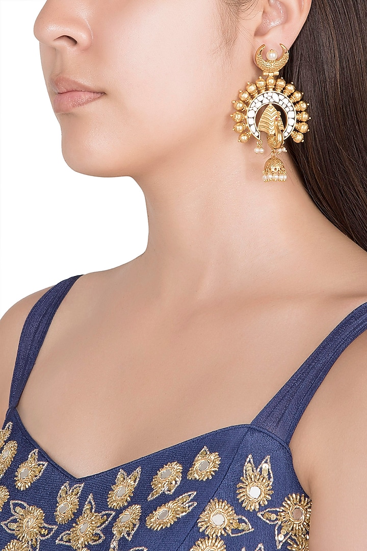 Gold Finish Faux Pearls & Kundan Earrings by VASTRAA Jewellery