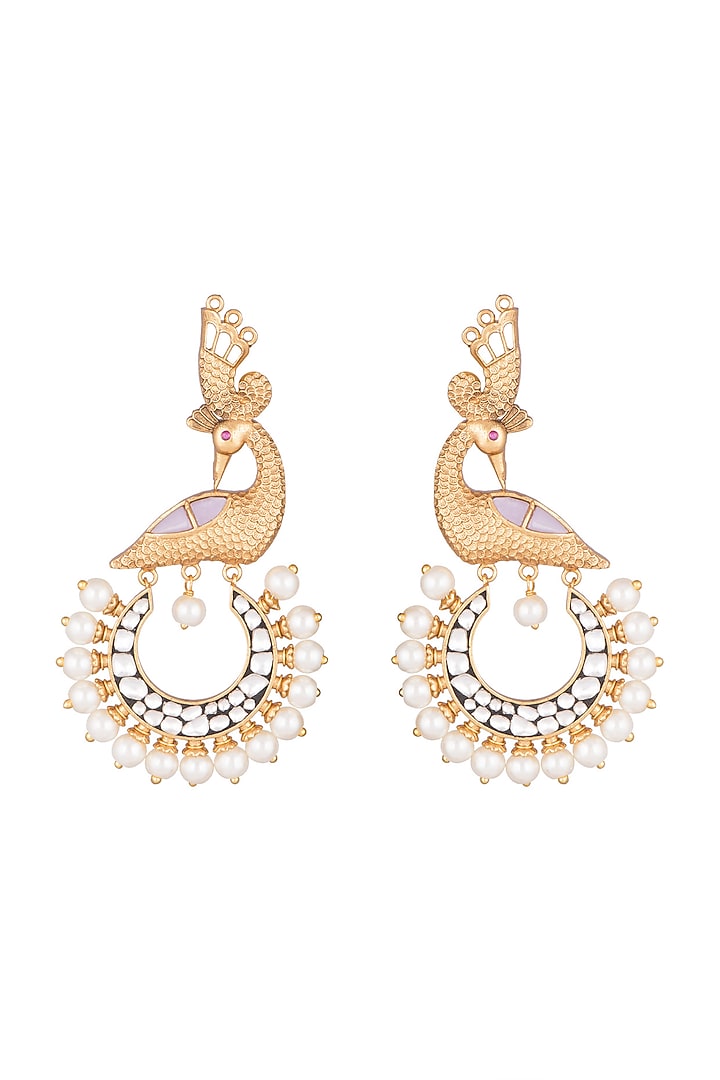 Gold Finish Faux Pearls & Kundan Polki Peacock Earrings by VASTRAA Jewellery at Pernia's Pop Up Shop