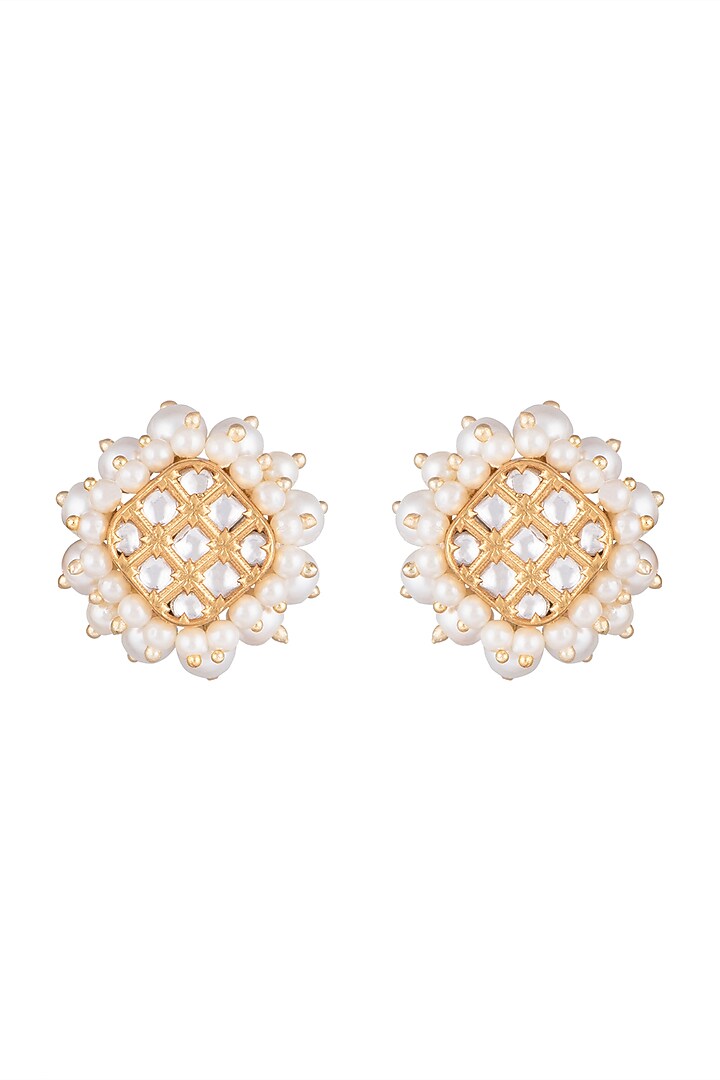 Gold Finish Faux Pearls & Kundan Polki Stud Earrings by VASTRAA Jewellery at Pernia's Pop Up Shop