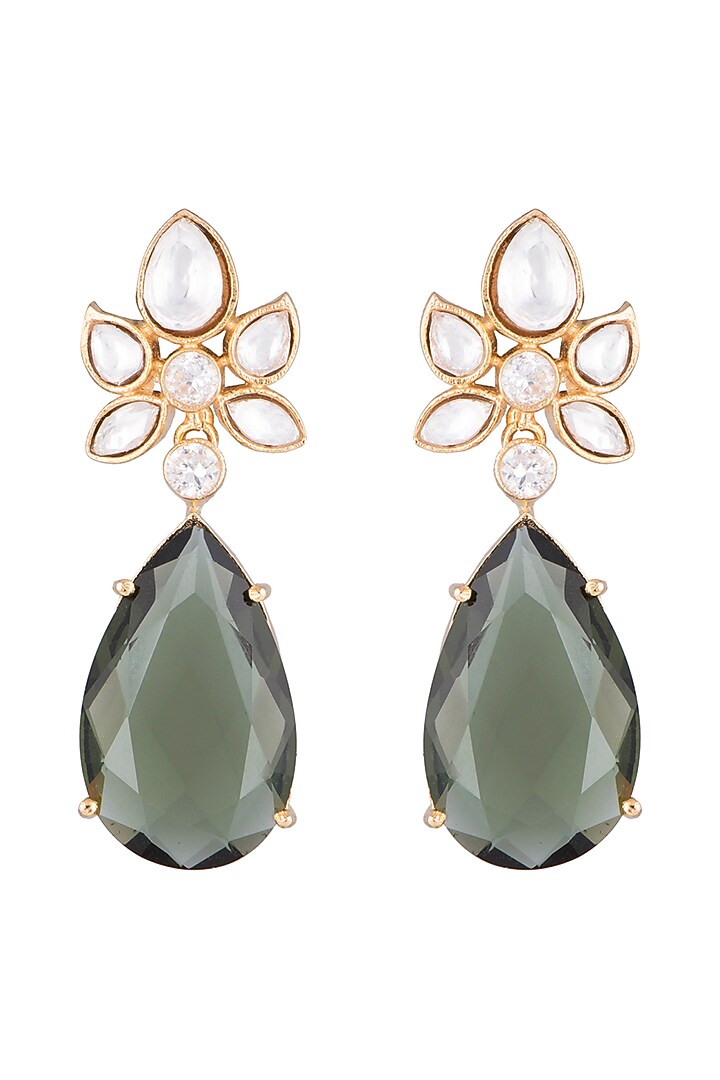 Gold Finish Kundan Polki & Green Stones Earrings by VASTRAA Jewellery at Pernia's Pop Up Shop