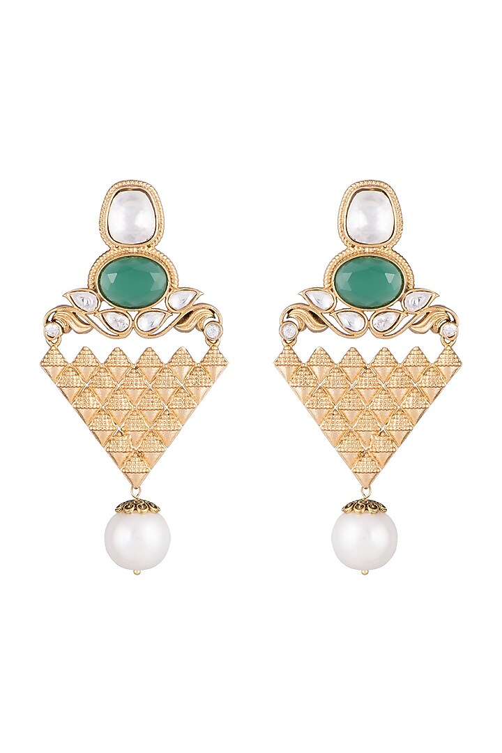 Gold Finish Faux Pearl & Kundan Polki Earrings by VASTRAA Jewellery at Pernia's Pop Up Shop