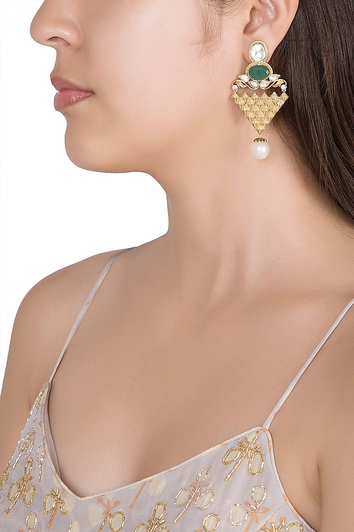 Gold Finish Faux Pearl & Kundan Polki Earrings by VASTRAA Jewellery
