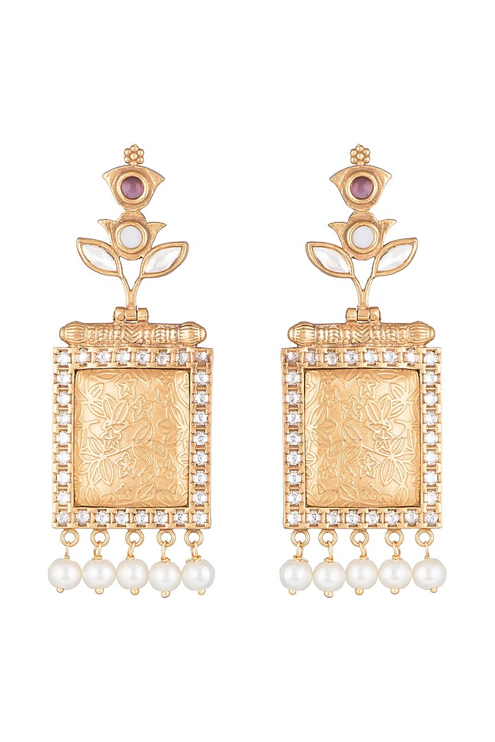 Gold Finish Faux Pearl & Kundan Polki Earrings by VASTRAA Jewellery at Pernia's Pop Up Shop