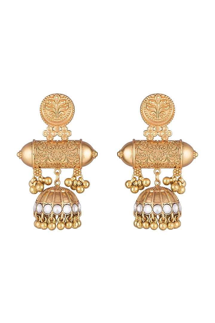 Gold Finish Kundan Polki & Pearls Earrings by VASTRAA Jewellery at Pernia's Pop Up Shop