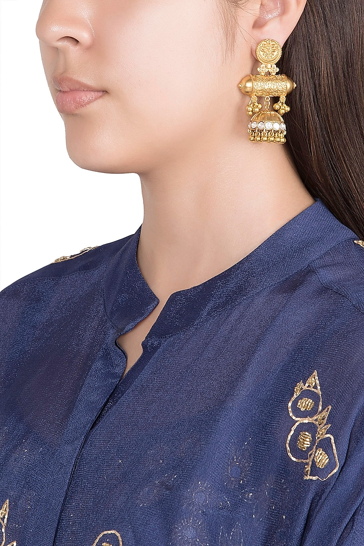 Gold Finish Kundan Polki & Pearls Earrings by VASTRAA Jewellery