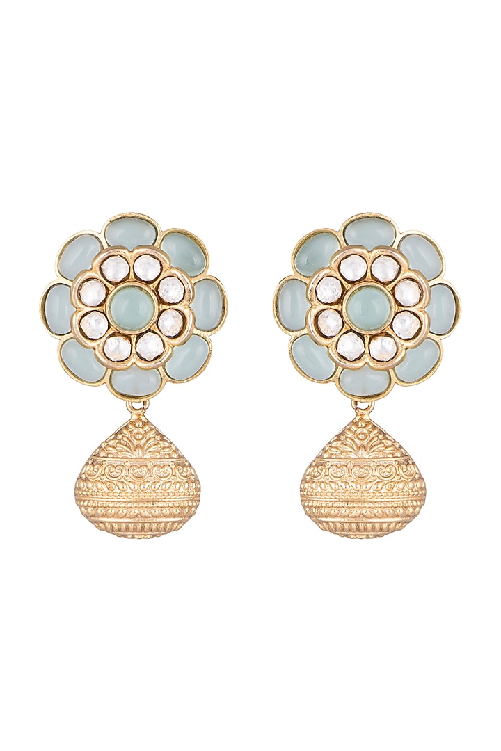Gold Finish Kundan Polki & Sky Blue Stone Earrings by VASTRAA Jewellery at Pernia's Pop Up Shop