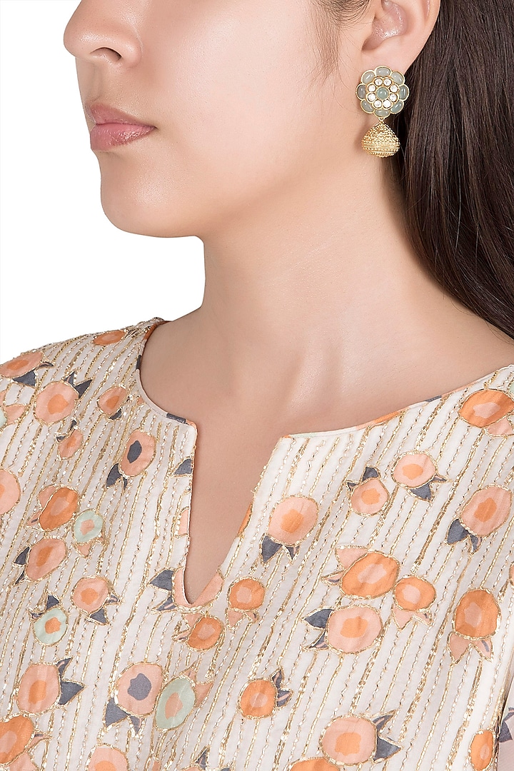 Gold Finish Kundan Polki & Sky Blue Stone Earrings by VASTRAA Jewellery