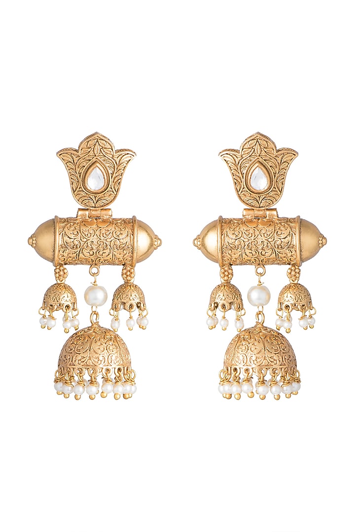 Gold Finish Kundan Polki & Faux Pearl Long Earrings by VASTRAA Jewellery at Pernia's Pop Up Shop