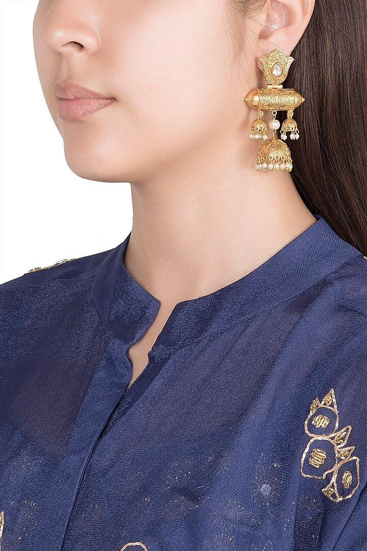 Gold Finish Kundan Polki & Faux Pearl Long Earrings by VASTRAA Jewellery