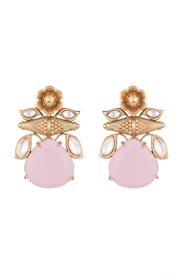Gold Finish Kundan Polki & Pink Stone Earrings by VASTRAA Jewellery at Pernia's Pop Up Shop
