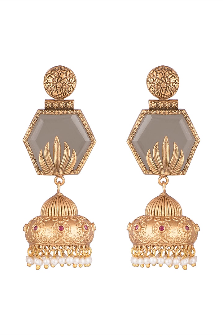 Gold Finish Faux Pearls & Grey Stone Earrings by VASTRAA Jewellery at Pernia's Pop Up Shop